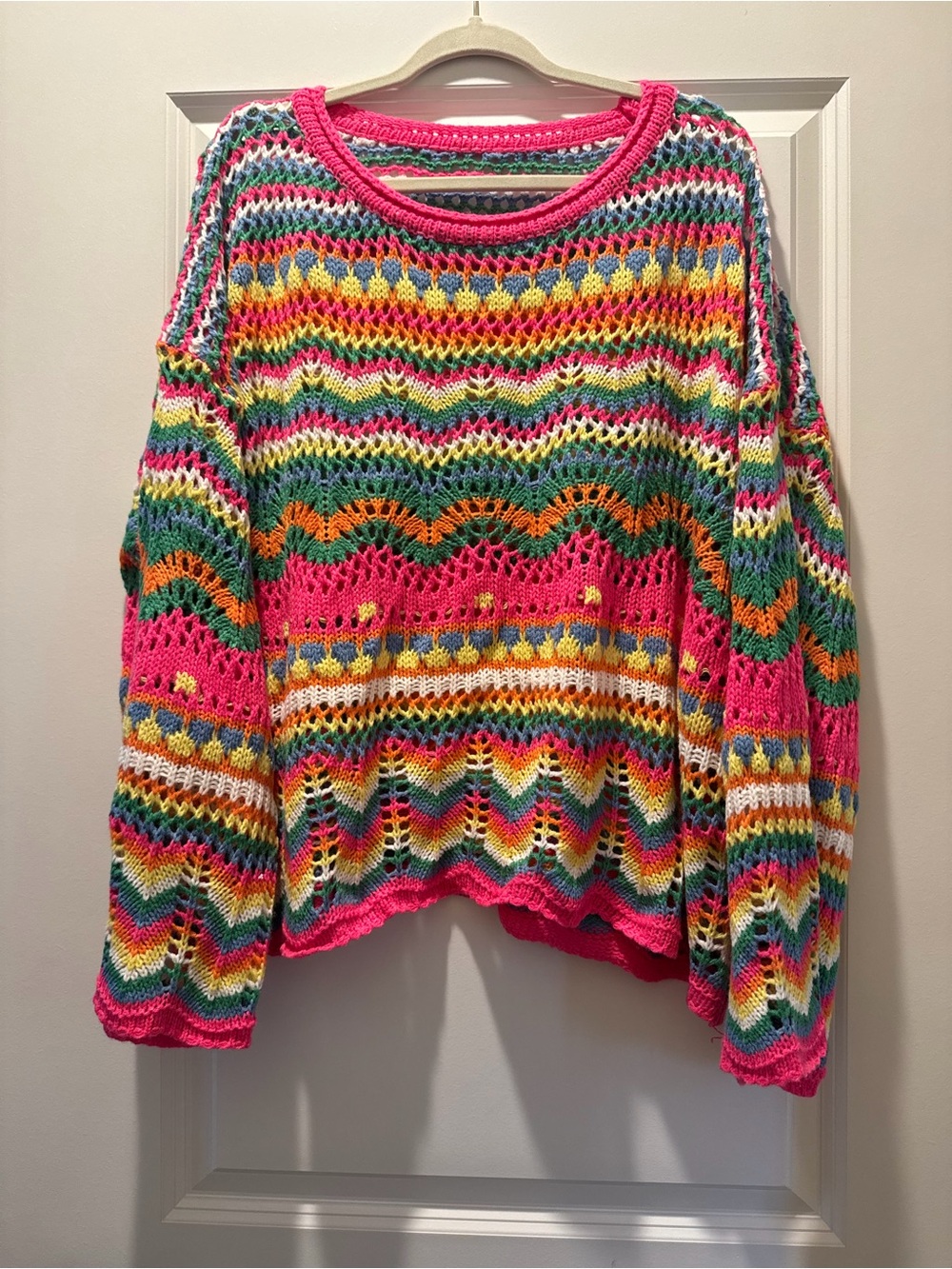 SHEIN Multicolor Open-Knit Crewneck Sweater with Hot Pink Trim